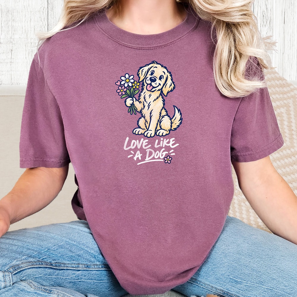 Comfort Colors Love Like A Dog Holding Flowers Vintage Washed Tee - Berry