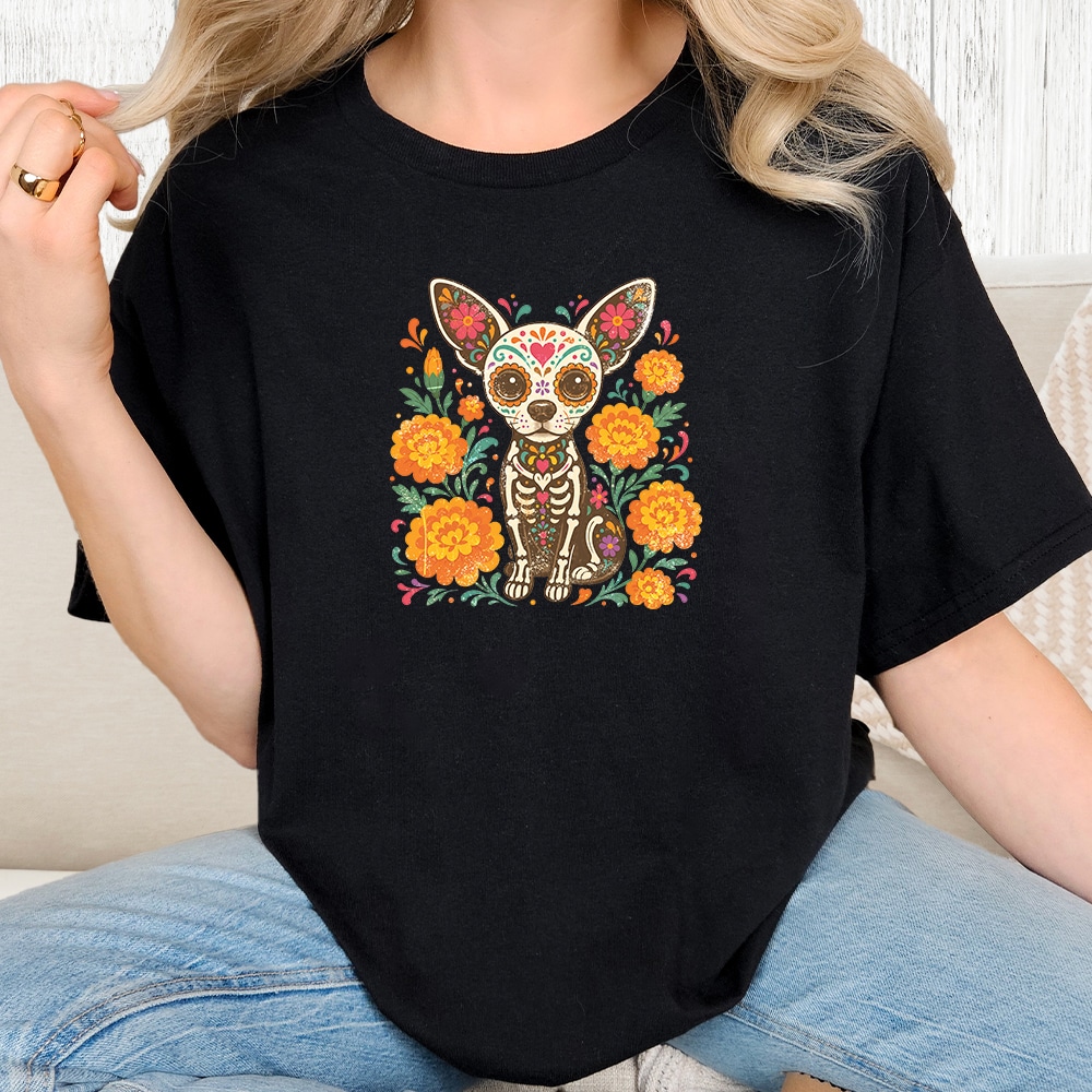 Comfort Colors DÃa de los Muertos Chihuahua Vintage Washed Tee - Black