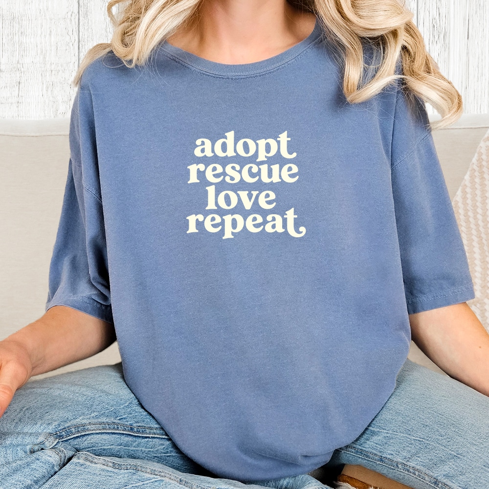 Comfort Colors Adopt Rescue Love Repeat Vintage Washed Tee - Blue Jean