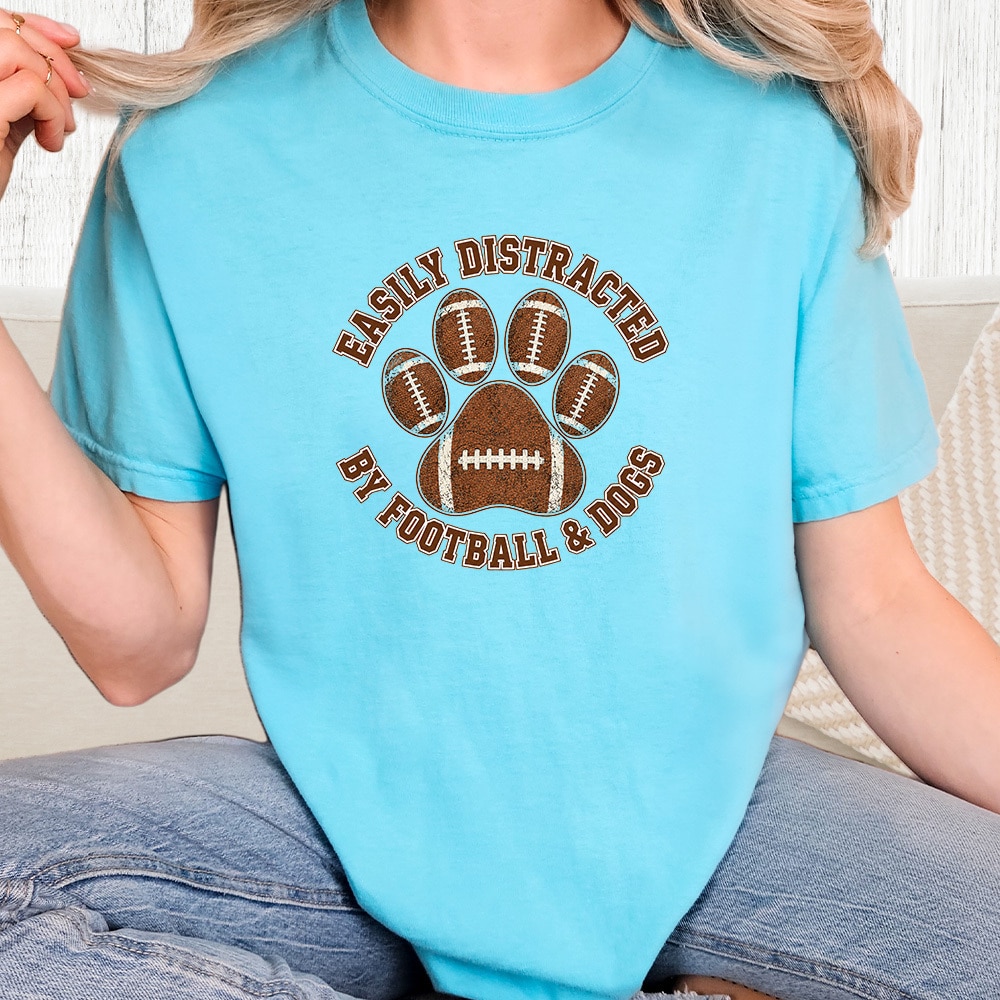 Comfort Colors Easily Distracted By Football & Dogs Vintage Washed Tee - Lagoon Blue