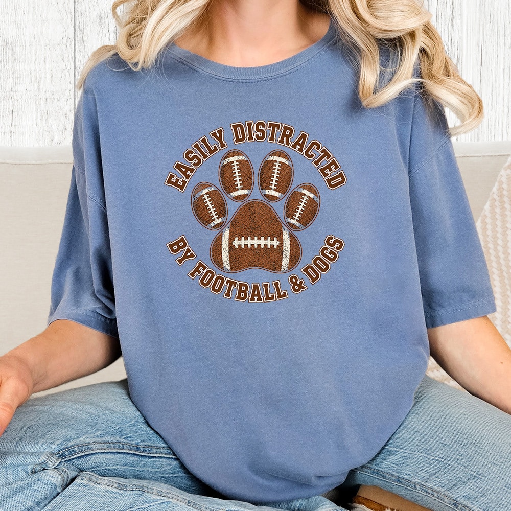 Comfort Colors Easily Distracted By Football & Dogs Vintage Washed Tee - Blue Jean
