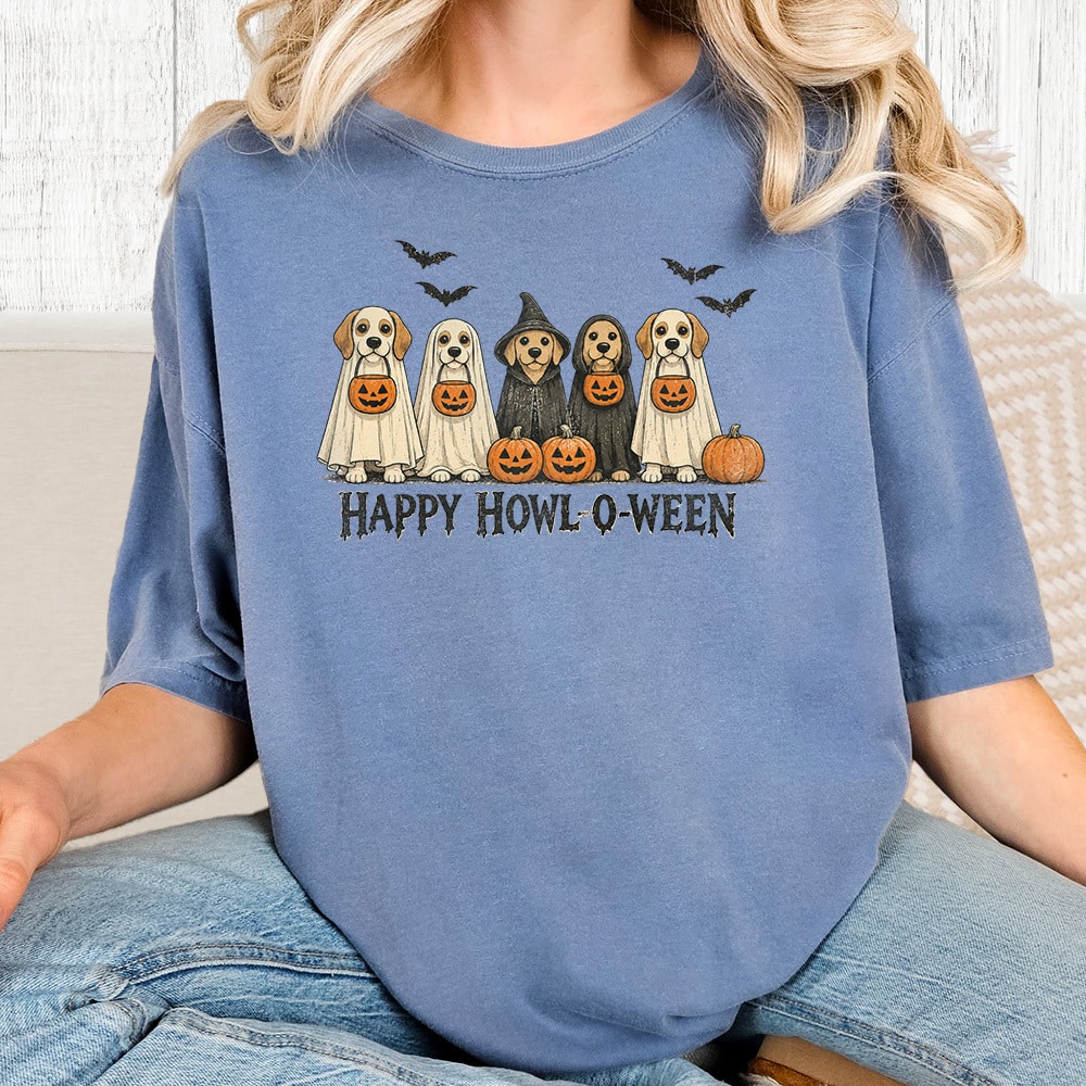 Comfort Colors Happy Howl-o-ween Give Us Treats Vintage Washed Tee - Blue Jean