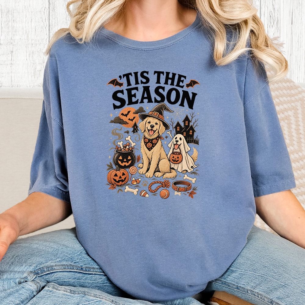 Comfort Colors Tis The Season Spooky Pups Vintage Washed Tee - Blue Jean