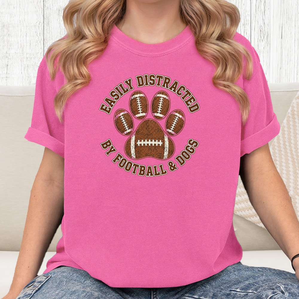 Comfort Colors Easily Distracted By Football & Dogs Vintage Washed Tee - Crunchberry