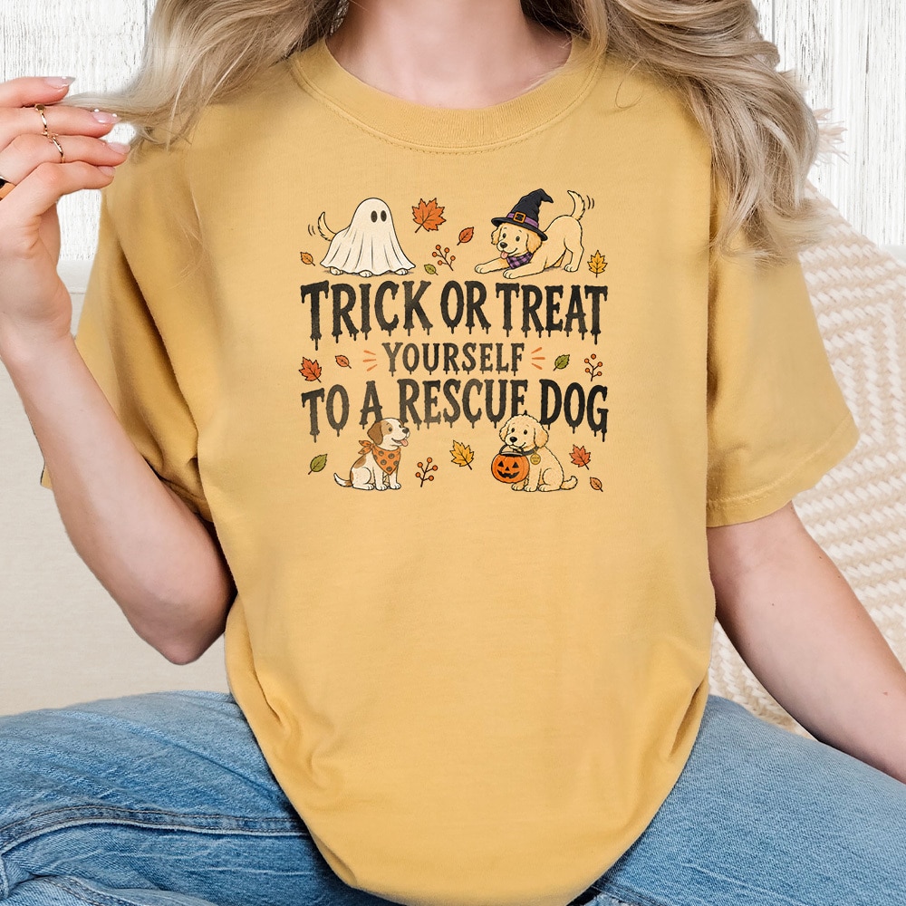 Comfort Colors Trick Or Treat Yourself To A Rescue Dog Vintage Washed Tee - Mustard