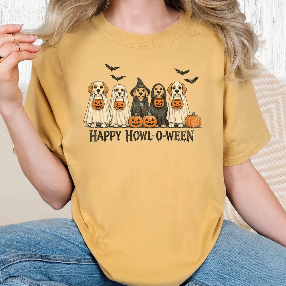 Comfort Colors Happy Howl-o-ween Give Us Treats Vintage Washed Tee - Mustard