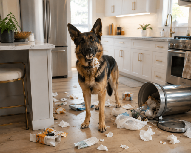 High-energy dog digging through the trash because he doesn't have the right exercise.