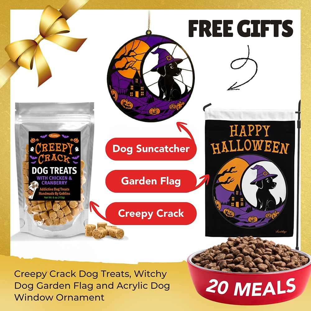 FUND 20 Meals for $20 and Get This Halloween Set! Creepy Crack Dog Treats, Witchy Dog Garden Flag and Black Dog Witch Hat & Haunted House – Handcrafted Acrylic Dog Window Ornament