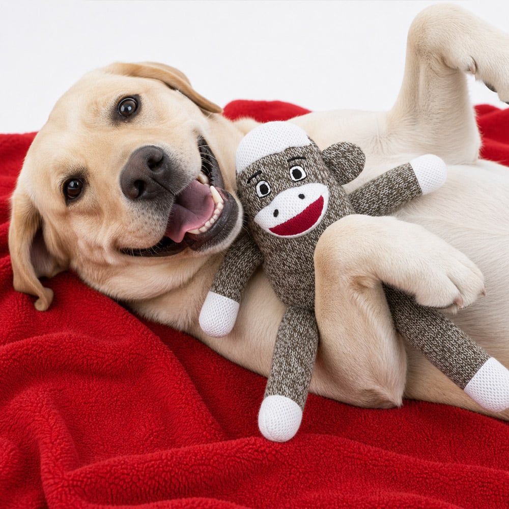 Dog Comfort Set - Includes Sock Monkey Toy and  Soft Fleece Dog Blanket 40" x 30"