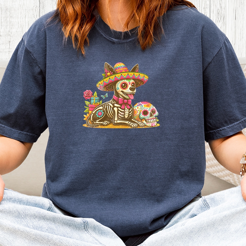 Comfort Colors DÃa de los Muertos Chihuahua Sombrero Vintage Washed Tee - Denim