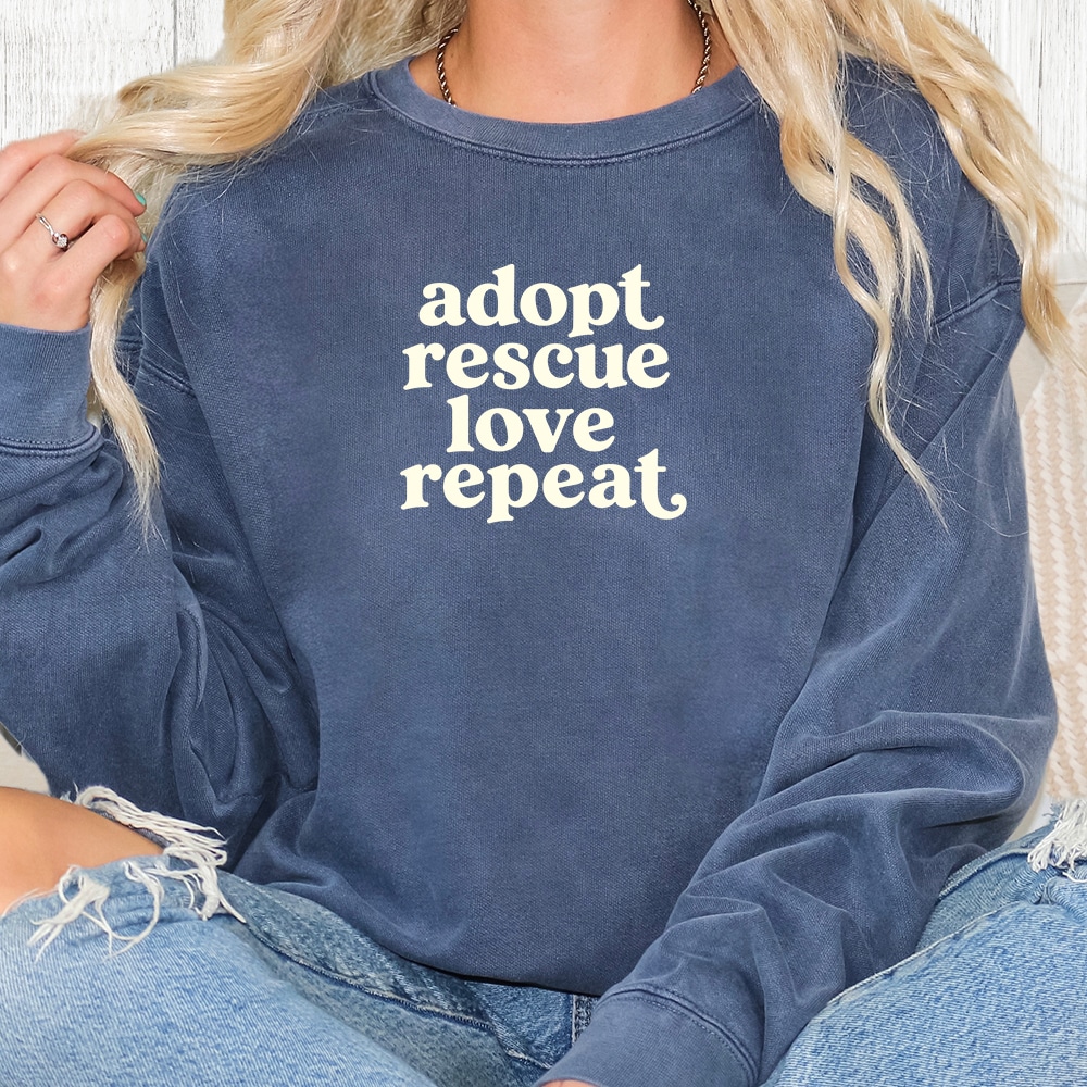 Comfort Colors Adopt Rescue Love Repeat Premium  Sweatshirt - Denim