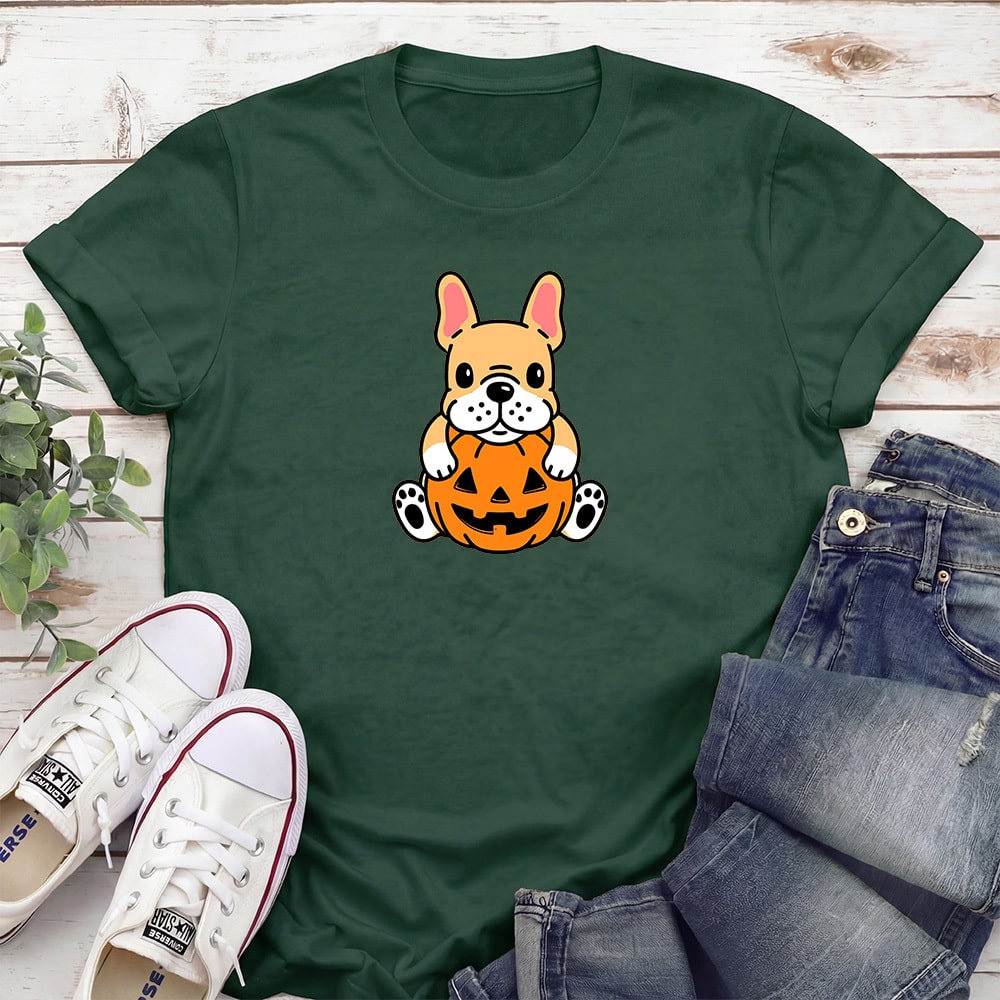 Little Pumpkin Pup Frenchie Standard Tee Forest Green