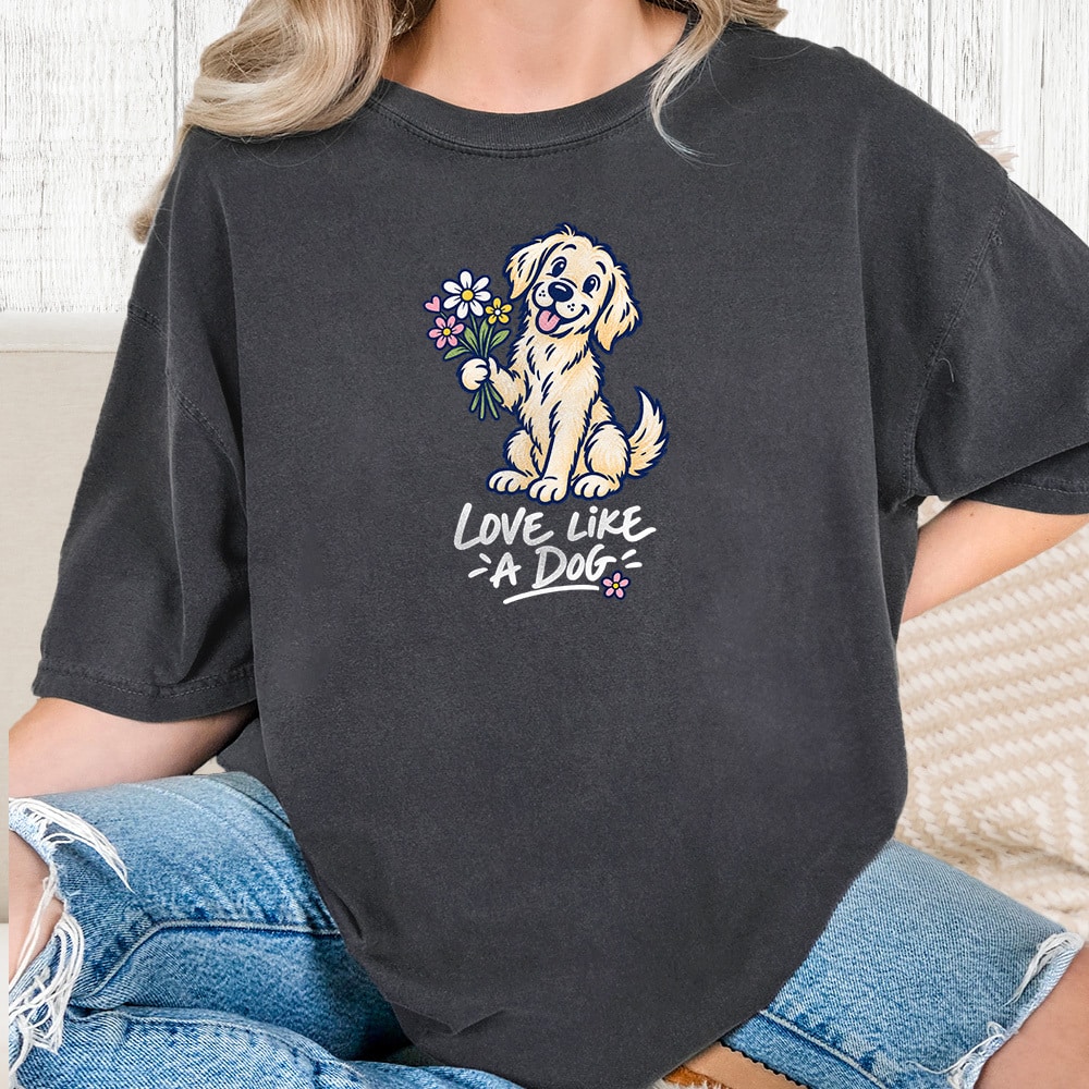 Comfort Colors Love Like A Dog Holding Flowers Vintage Washed Tee - Graphite