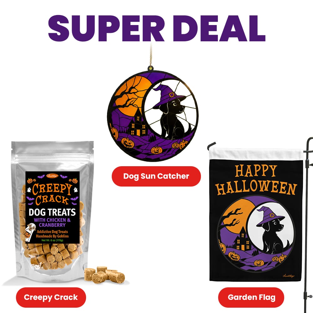 FUND 20 Meals for $20 and Get This Halloween Set! Creepy Crack Dog Treats, Witchy Dog Garden Flag and Black Dog Witch Hat & Haunted House – Handcrafted Acrylic Dog Window Ornament