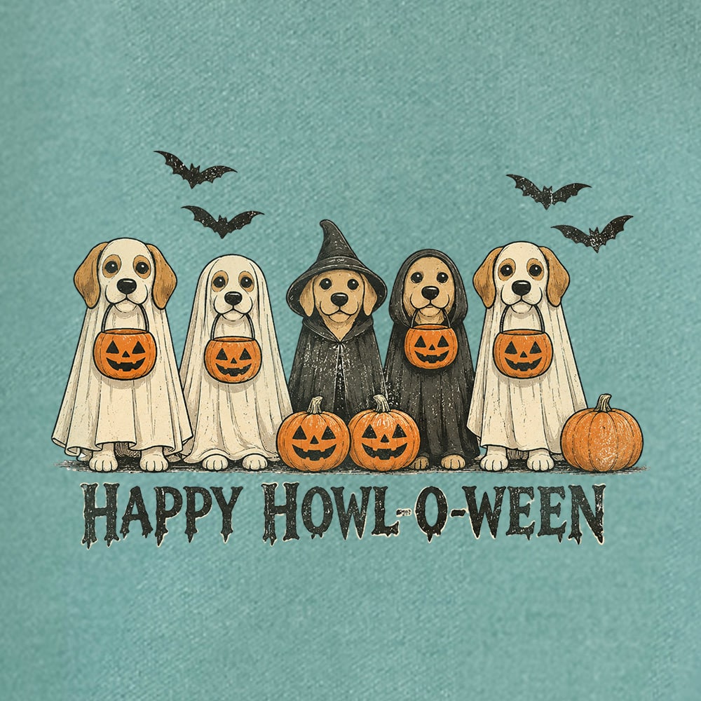 Comfort Colors Happy Howl-o-ween Give Us Treats Premium Sweatshirt - Light Green - Image 2