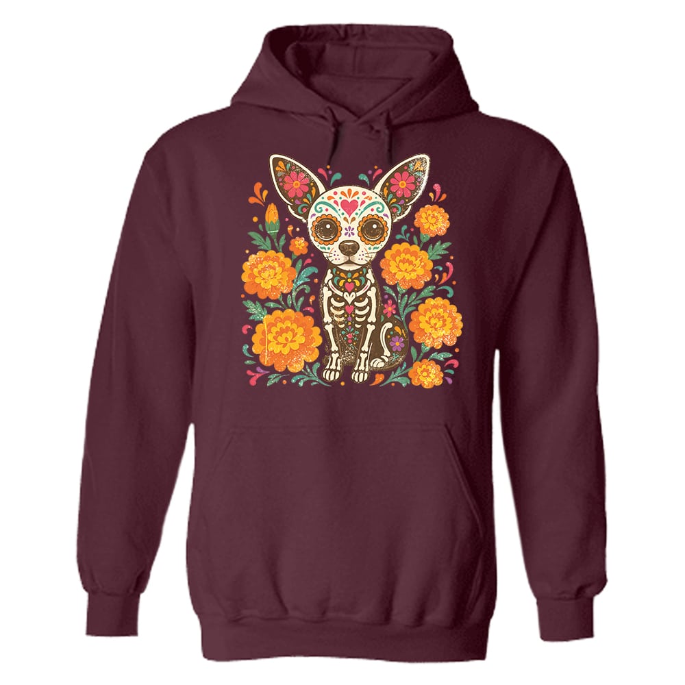DÃa de los Muertos Chihuahua Hoodie Maroon