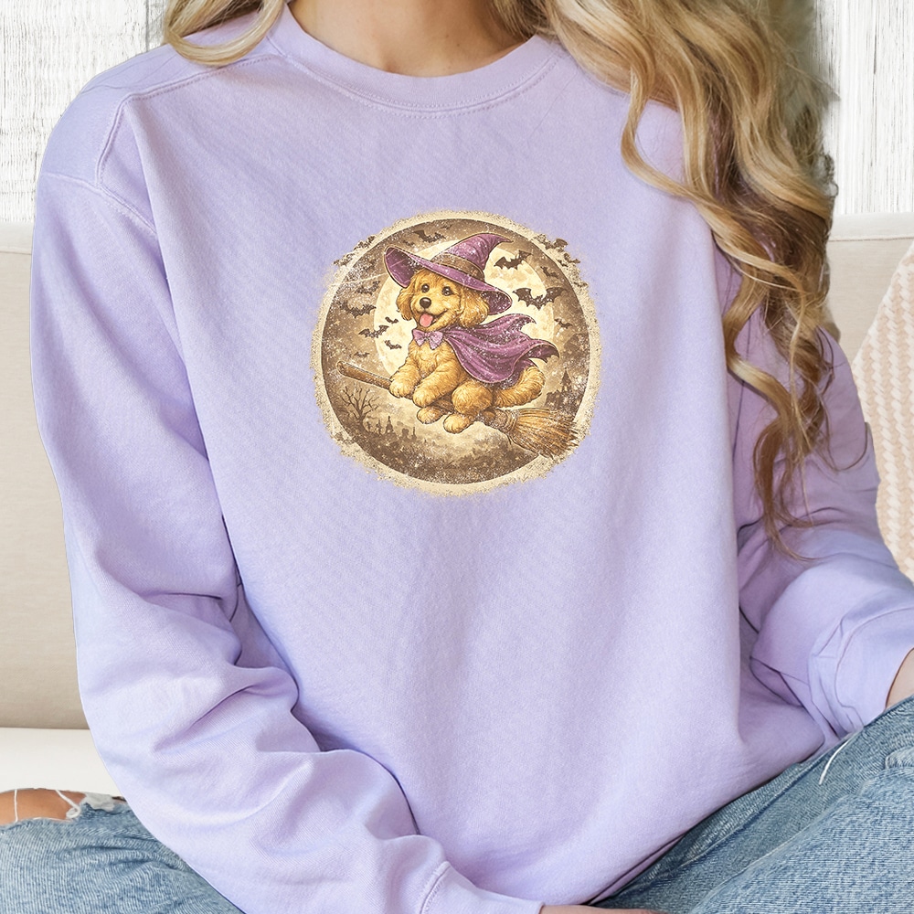 Comfort Colors Witch Pup Riding A Broom Premium Sweatshirt - Orchid