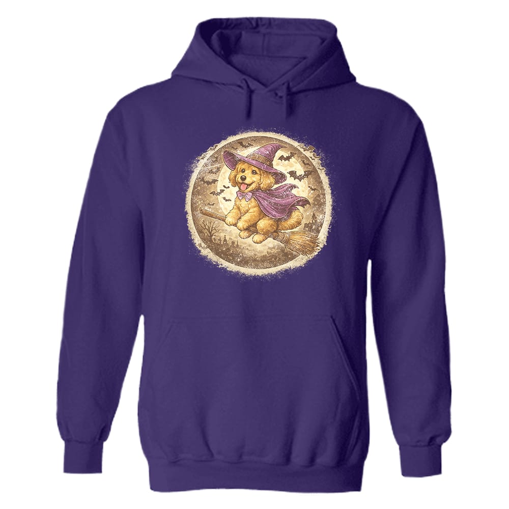 Witch Pup Riding A Broom Hoodie Purple