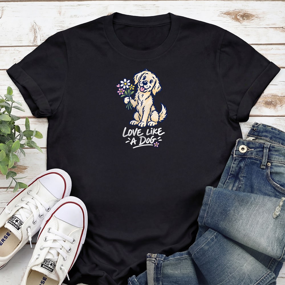 Love Like A Dog Holding Flowers Standard Tee Black