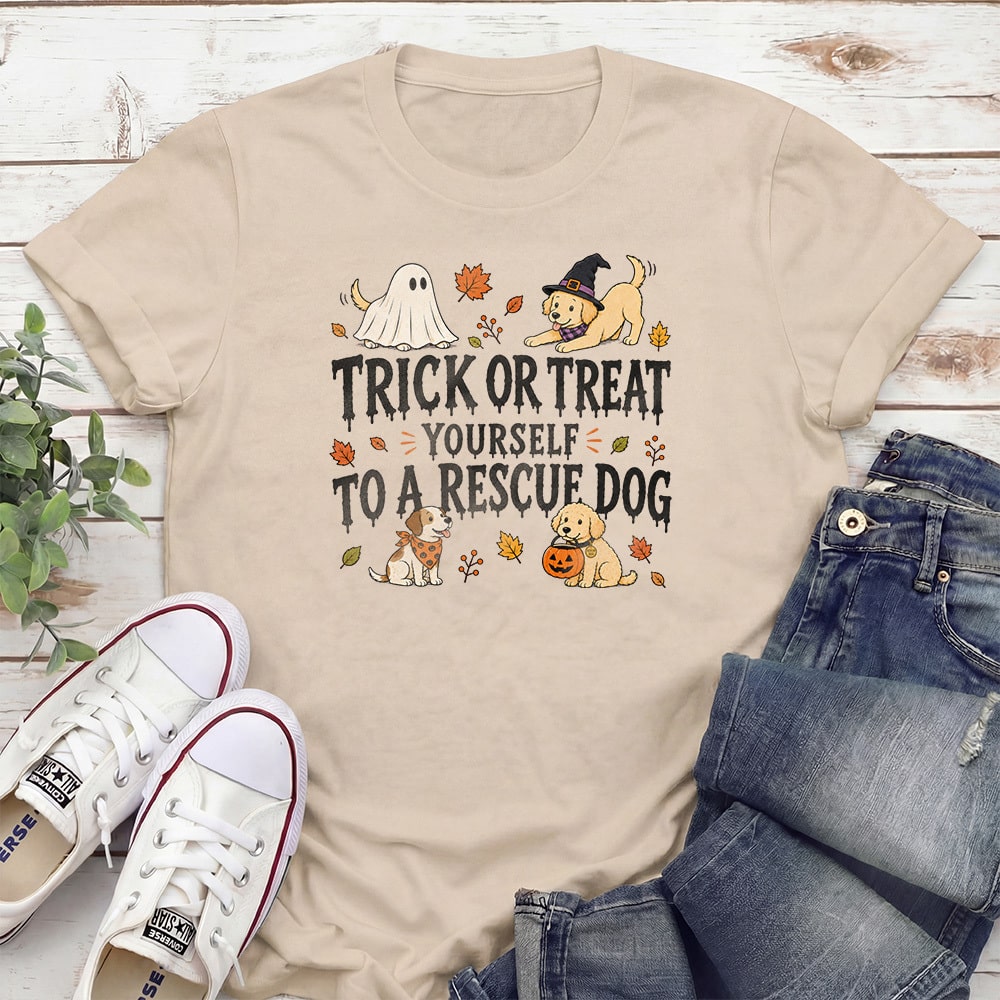 Trick Or Treat Yourself To A Rescue Dog Standard Tee Tan