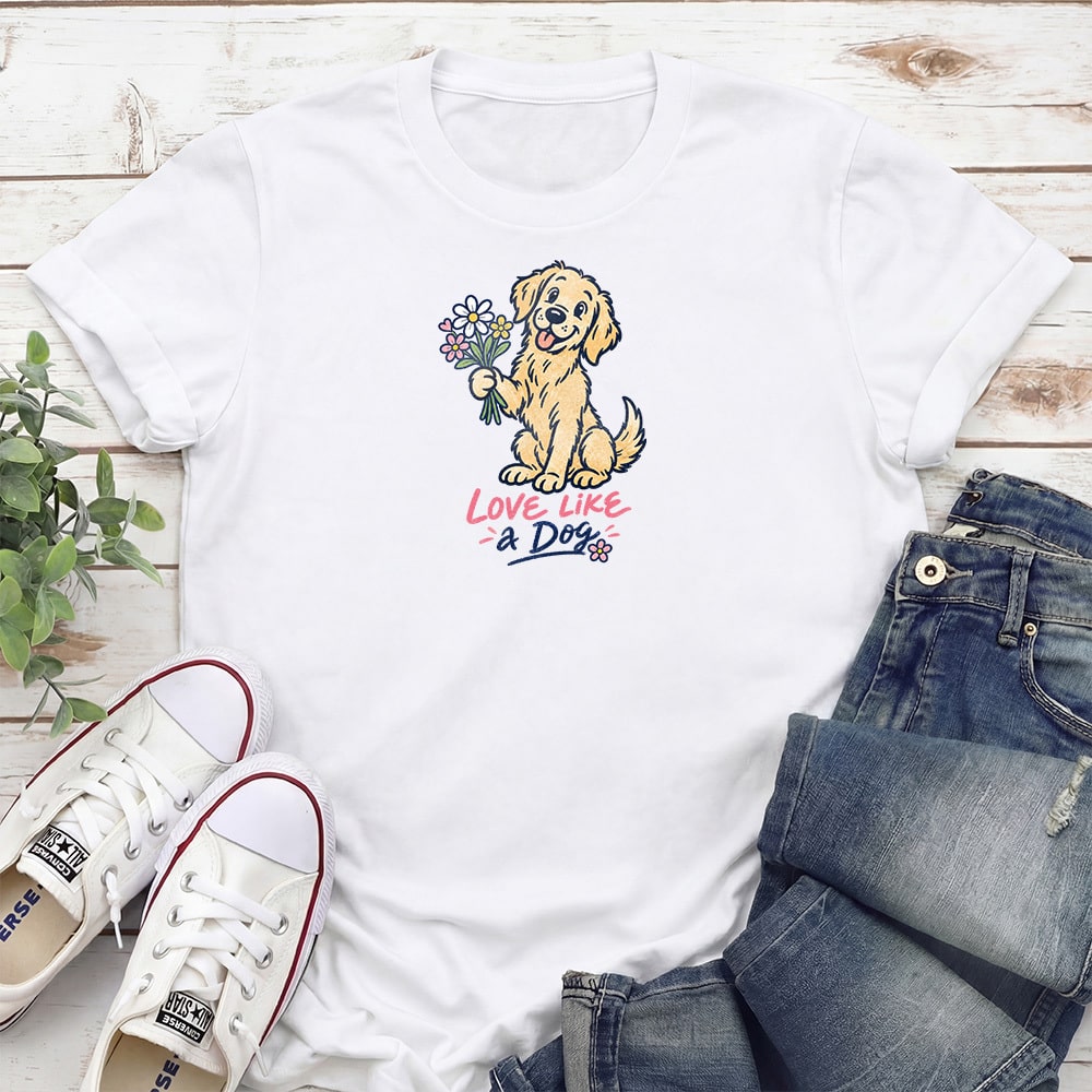 Love Like A Dog Holding Flowers Standard Tee White