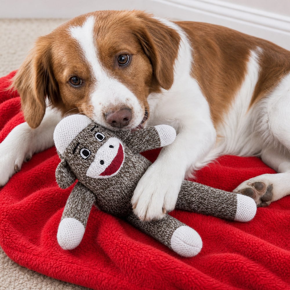 Dog Comfort Set - Includes Sock Monkey Toy and Soft Fleece Dog Blanket 40" x 30" - Image 3