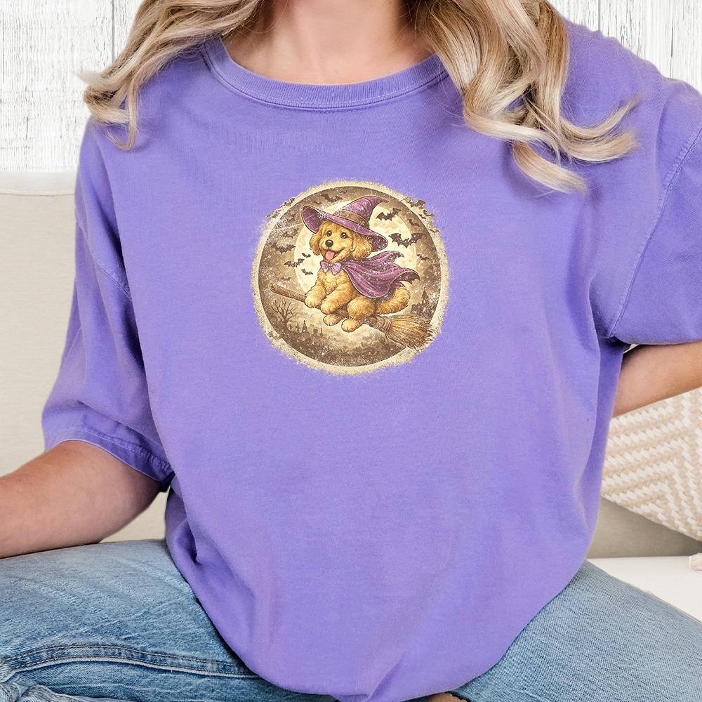 Comfort Colors Witch Pup Riding A Broom Vintage Washed Tee - Violet