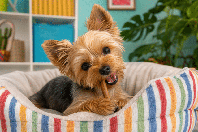 Yorkshire terrier chewing a small bully stick while lying in a striped dog bed