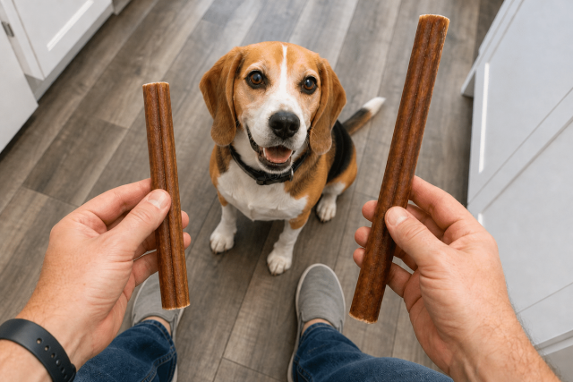 Person holding up two bully sticks of different thicknesses while a beagle looks up at them