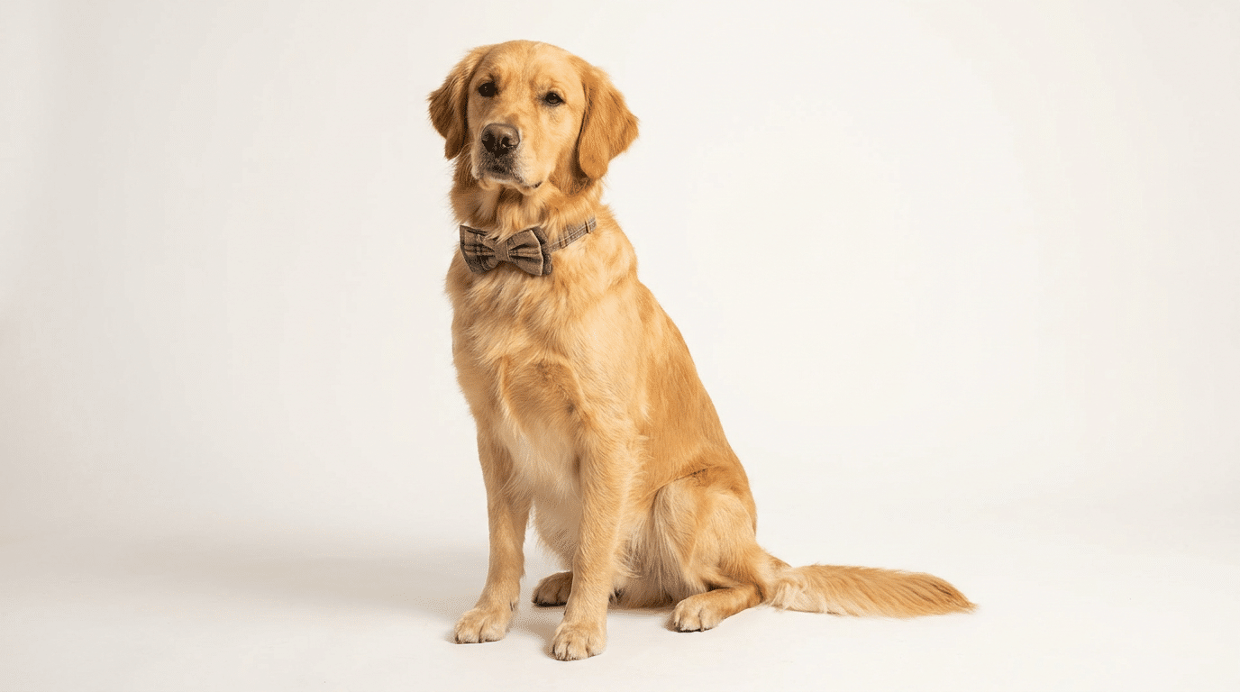 Golden retriever wearing a fabric bow tie collar, editorial pet photography