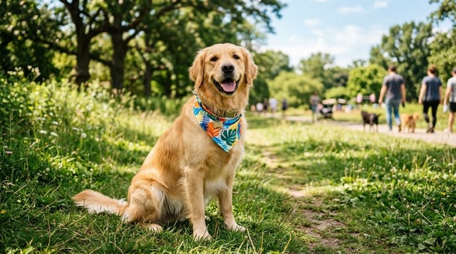 dog wearing a colorful cooling bandana on a sunny summer day