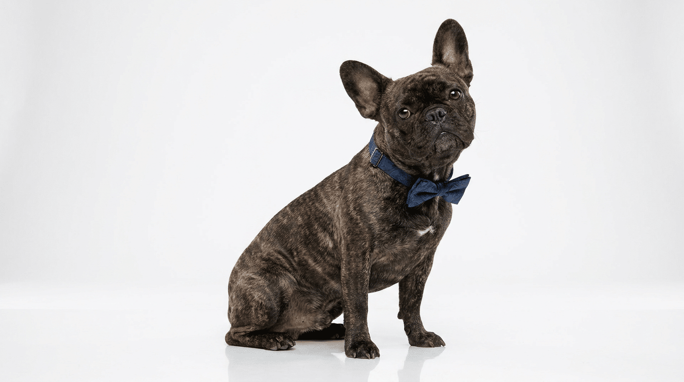 French bulldog wearing a stylish bow tie collar, editorial pet photography