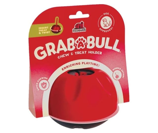 Redbarn Grab-A-Bull chew and treat holder in its red retail packaging