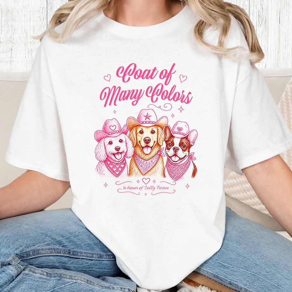 Comfort Colors Coat Of Many Colors Dolly Parton Vintage Washed Tee White – Donates 10 Meals To Shelter Dogs In Honor Of Dolly