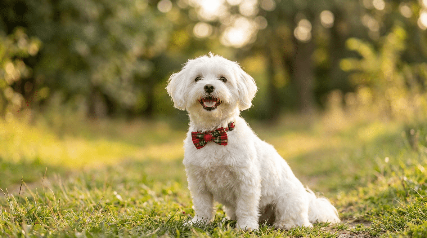 Small fluffy dog wearing a plaid bow tie collar outdoors, editorial pet photography