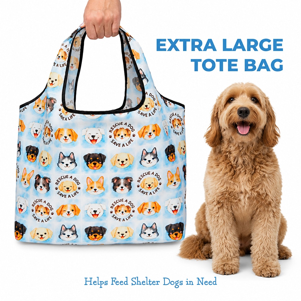 Rescue A Dog Save A Life - Shopping Travel Shoulder Bag- Folding Grocery Tote Pouch Bag