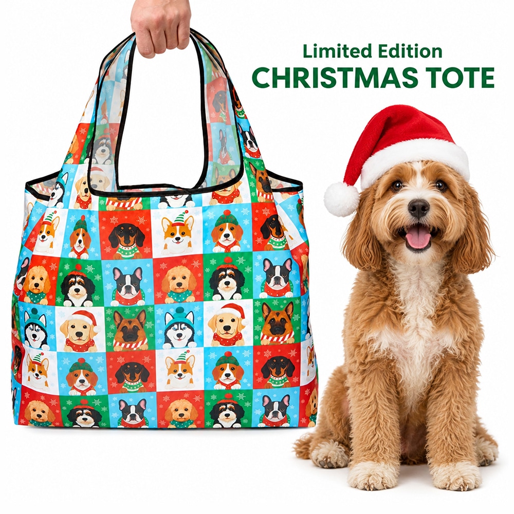 Christmas Dog Holiday Squares - Shopping Travel Shoulder Bag- Folding Grocery Tote Pouch Bag