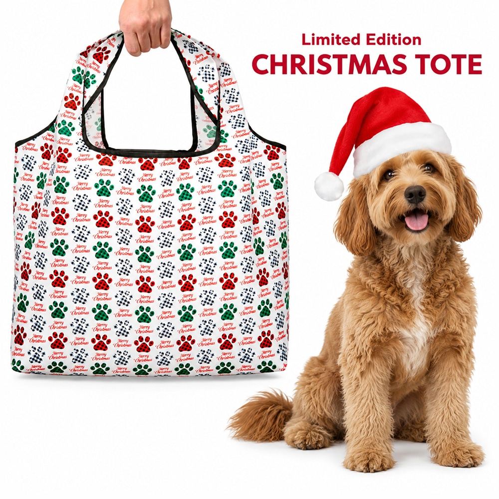 Merry Christmas Plaid Paws - Shopping Travel Shoulder Bag- Folding Grocery Tote Pouch Bag