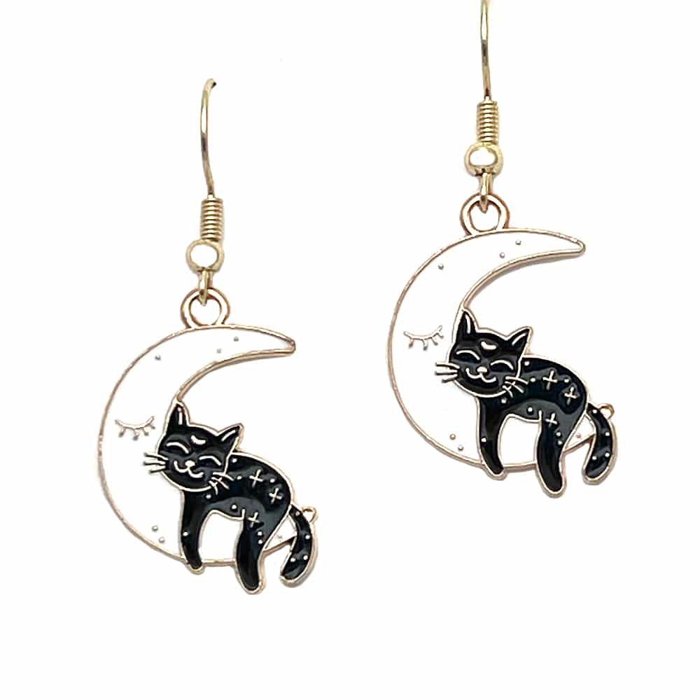 Sweet Sleepy Kitty Snuggles on the Moon – Gifts for Cat Mom, Black Cat Dangle Earring, Cat Lover Earrings
