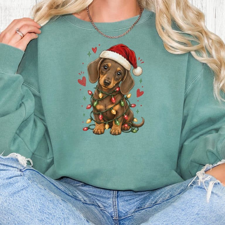 Comfort Colors Christmas Lights Dachshund Premium  Sweatshirt - Light Green