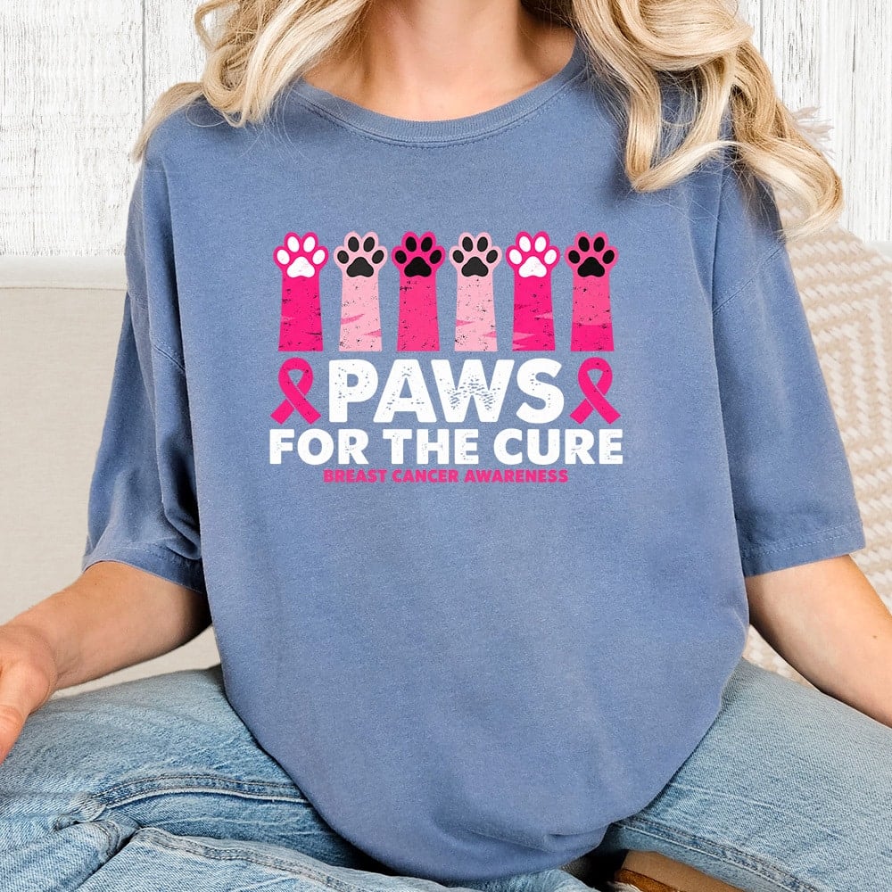 Comfort Colors Paws For The Cure Breast Cancer Awareness Vintage Washed Tee - Blue Jean
