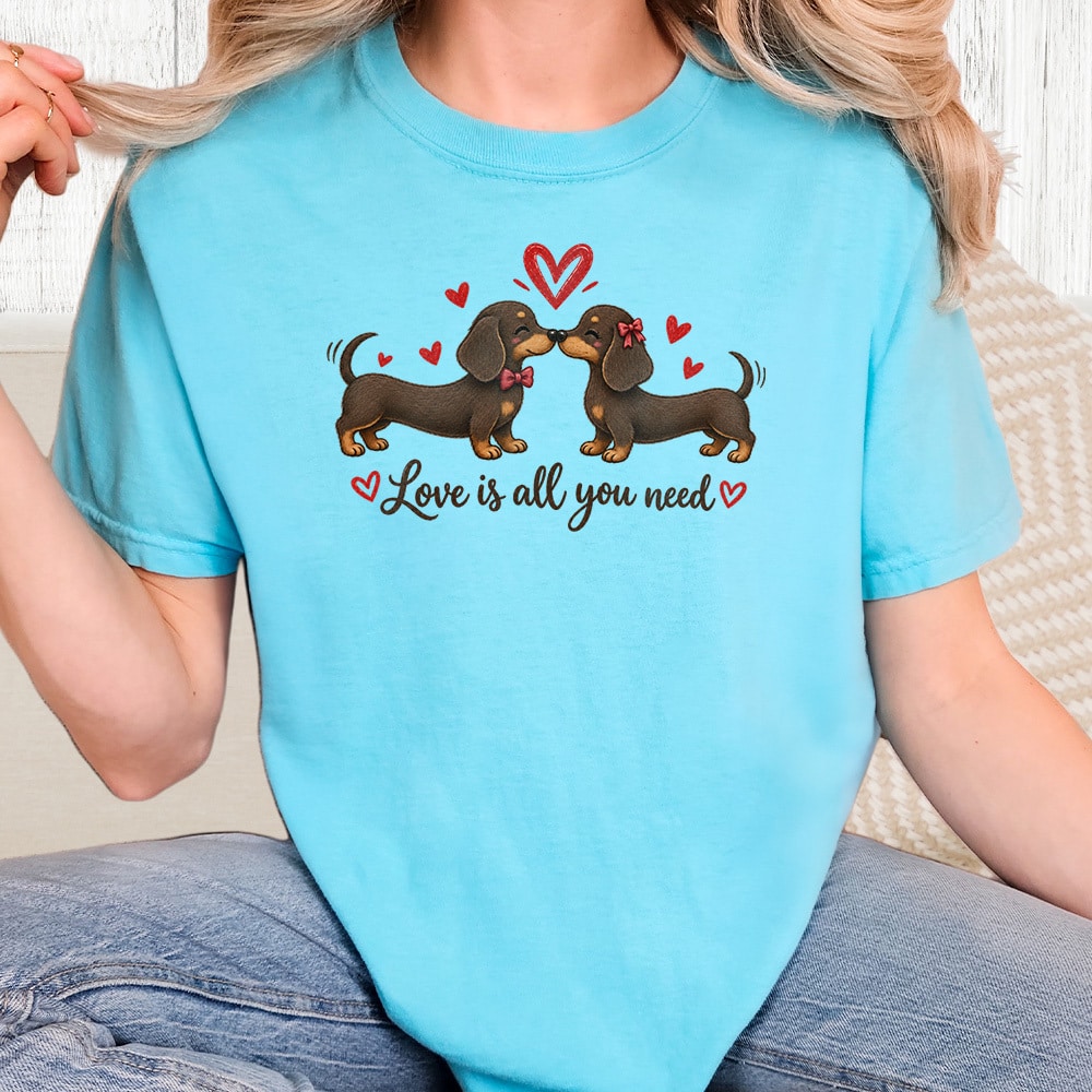 Comfort Colors Love Is All You Need Dachshunds Vintage Washed Tee - Lagoon Blue