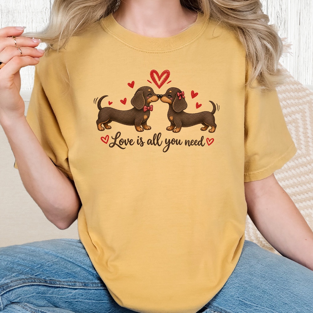 Comfort Colors Love Is All You Need Dachshunds Vintage Washed Tee - Mustard