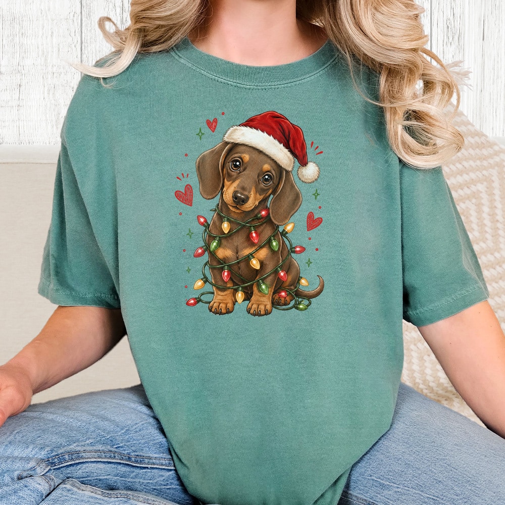 Comfort Colors Christmas Lights Dachshund Vintage Washed Tee - Seafoam