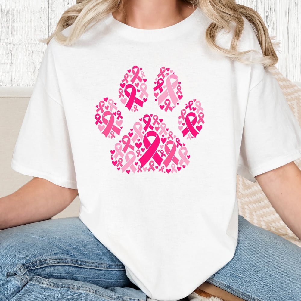 Comfort Colors Pink Ribbon Paw Vintage Washed Tee - White