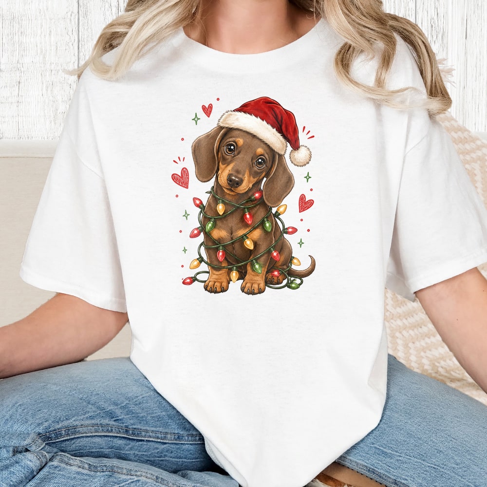 Comfort Colors Christmas Lights Dachshund Vintage Washed Tee - White