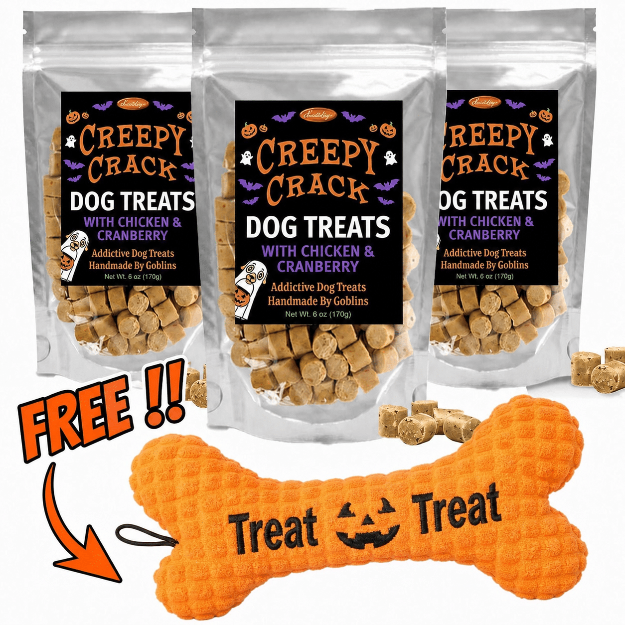 Halloween Super Deal! FREE Dog Toy with Purchase of 3 Bags of Creepy Crack Dog Treats Deal Pricing - Limited Stock* Get Your Deal NOW !