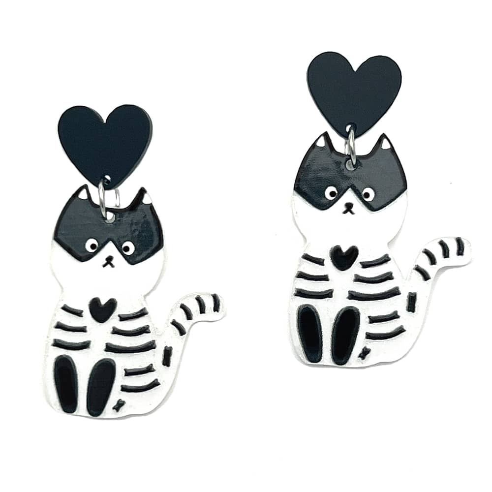Precious Cat Heart Black & White Cat Dangle Earring- Purrrfect Accessory for Cat Lovers!