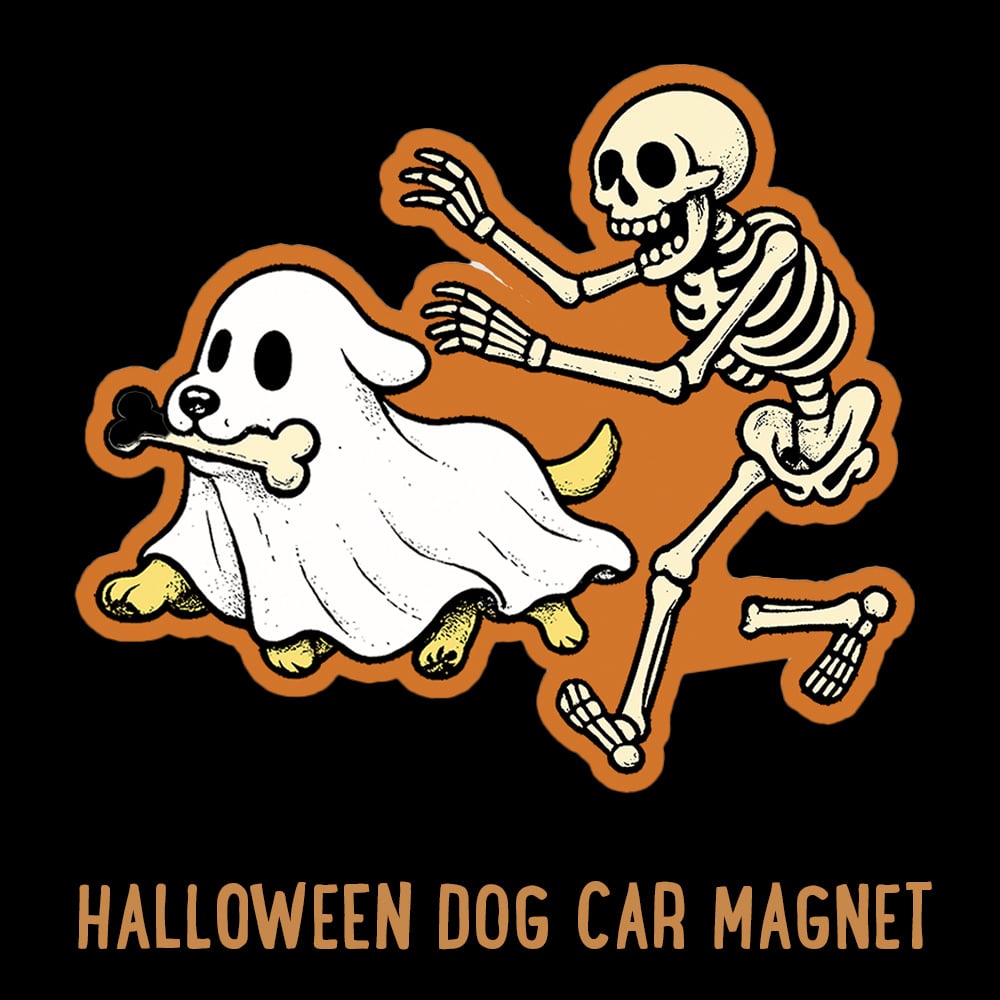 Spooky Bone Chase Skeleton & Ghost Dog Magnet- Great for Kitchen Fridge,  Home Decor- Helps Feed Hungry Shelter Dogs in Need