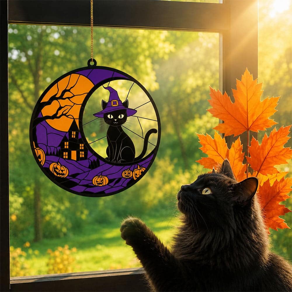 Halloween Black Cat Witch Hat & Haunted House – Handcrafted Acrylic Cat Window Ornament- Helps Feed Hungry Shelter Cats in Need